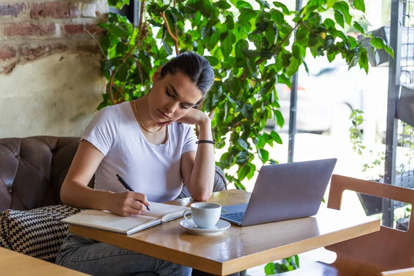 Young Business Woman Working Cafeteria Her Break Student Studying Coffee — Stock Photo, Image