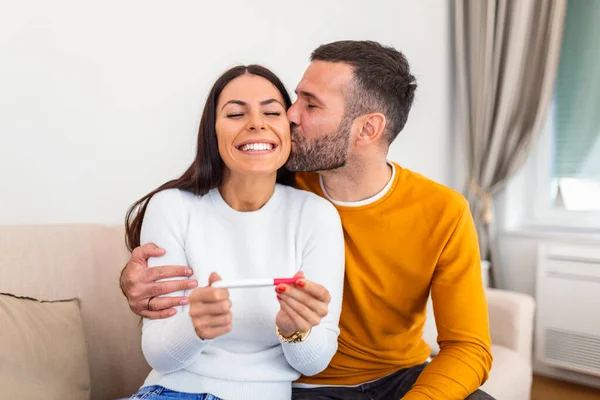 Happy Young Couple Taking Pregnancy Test Home Become Parents Young — Foto Stock