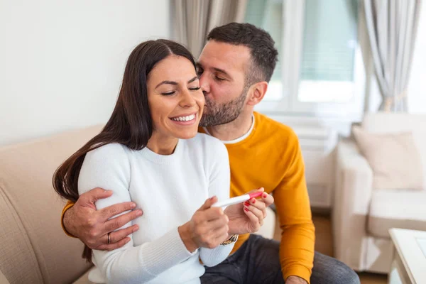 Shot Happy Couple Celebrating New Pregnancy Home Together Young Couple — Foto Stock