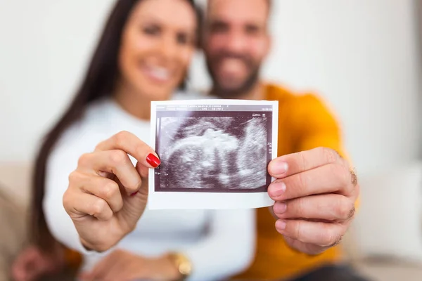 Young Pregnant Woman Husband Holding Ultrasound Scan Photo Smiling — Stok fotoğraf