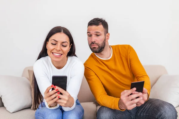 Man Spying His Girlfriend Mobile Phone Jealous Husband Spying Phone — Stockfoto