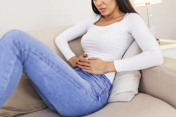 Woman Painful Expression Holding Hands Belly Suffering Menstrual Period Pain — ストック写真