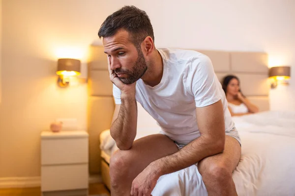 Young Sad Man Sitting Bed Quarrel Wife Hotel Travel Relationships — ストック写真