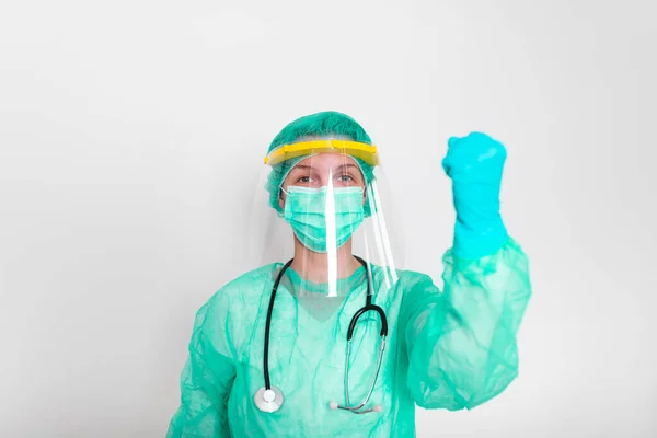 Doctor Nurse Wearing Protection Suit Fighting Covid Coronavirus White Background — Zdjęcie stockowe