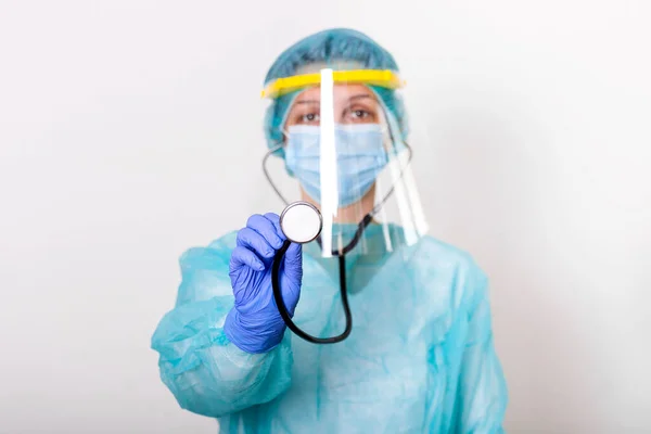 Female Doctor Wearing Ppe Protection Suite Fighting Stop Spread Covid — Zdjęcie stockowe