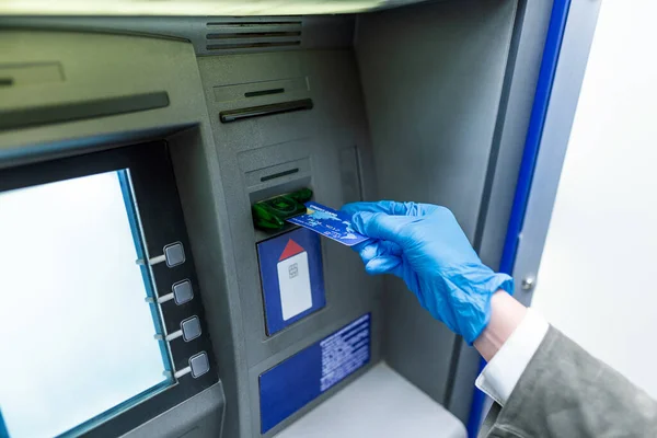 Woman Mask Her Face Protective Gloves Inserting Her Credit Card — Φωτογραφία Αρχείου
