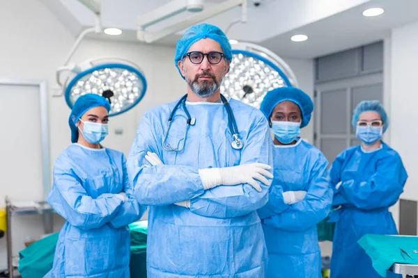 Group Medical Surgeons Wearing Hospital Scrubs Operating Theatre Portrait Successful — Foto Stock