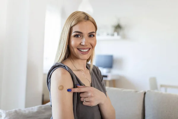 Young Woman Adhesive Bandage Her Arm Corona Virus Vaccine First — Φωτογραφία Αρχείου