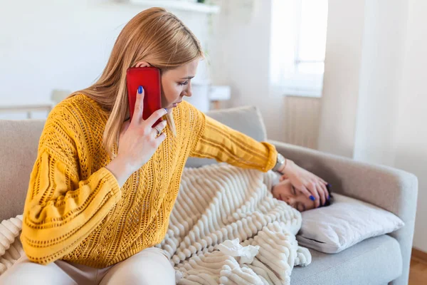 Young Woman Checking Temperature Hand Little Ill Son Mother Calling — Foto Stock
