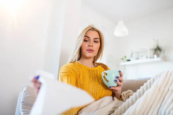 Sick Attractive Young Woman Has Cold Drinks Hot Tea Upset — Stockfoto