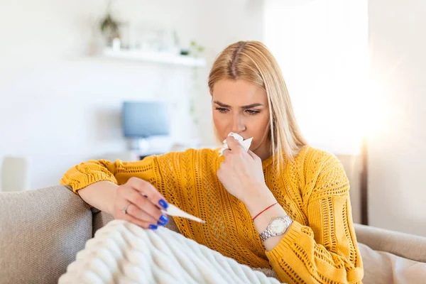 Sick Desperate Woman Has Coronavirus Covid Cold Sickness Allergy Concept — 图库照片