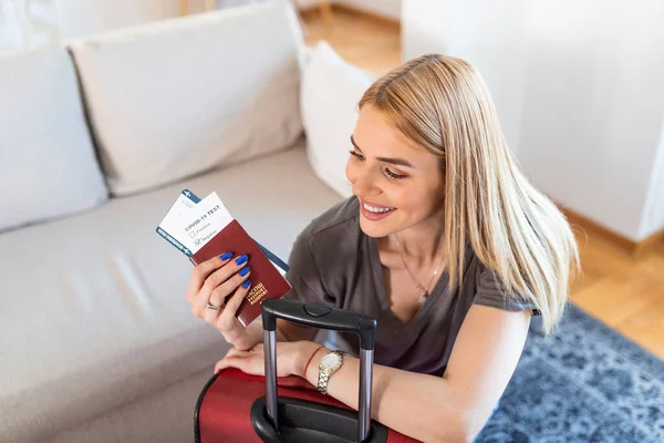 Woman Preparing Travel Covid Pandemic Holding Passport Ticket Negative Coronavirus — Stockfoto