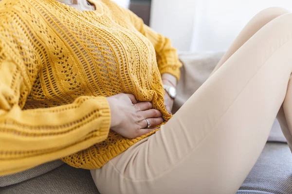 Young Beautiful Woman Having Painful Stomachache Woman Menstrual Pain Holding — Stockfoto