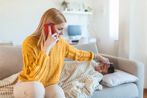 Sick Boy Thermometer Laying Bed Mother Hand Taking Temperature Mother — Stockfoto