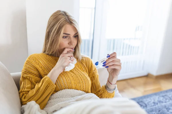 Sick Day Home Blonde Woman Has Runny Common Cold Cough — Foto de Stock