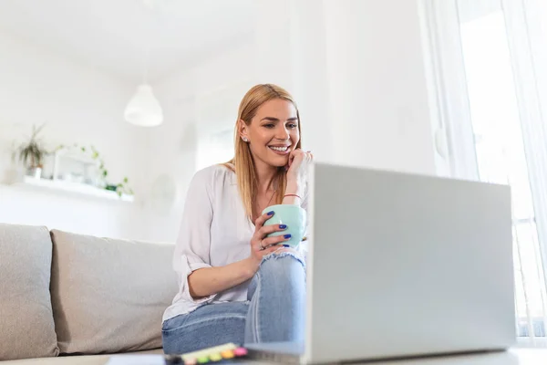 Positive Young Woman Freelancer Watching Video Blog Netbook Having Coffee — Foto de Stock