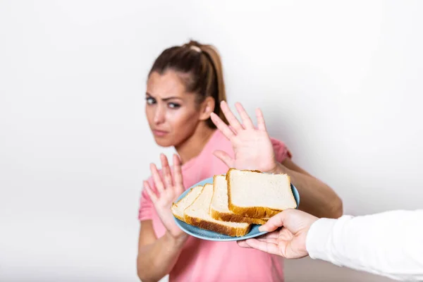 Young Woman Suffers Gluten Gluten Intolerant Gluten Free Diet Concept — стоковое фото