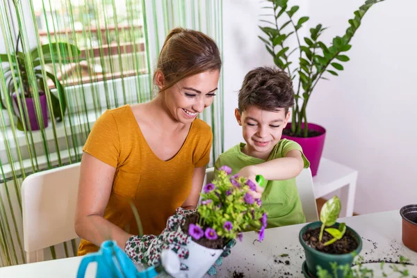 Mom Boy Child Planting Plants Together Mom Little Gardener Assistant — Φωτογραφία Αρχείου