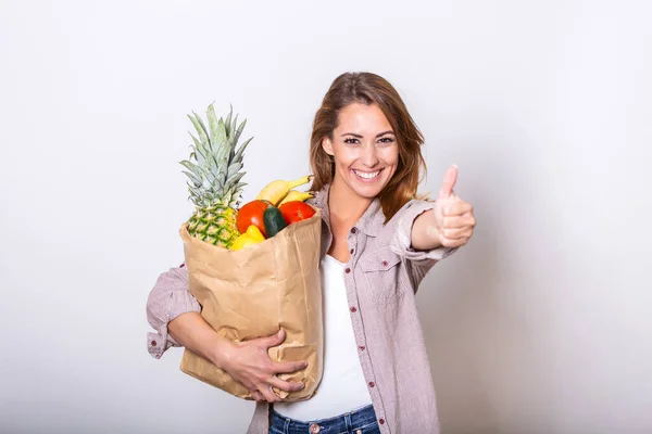 Carrying Healthy Bag Cropped Image Beautiful Young Woman Apron Holding — Photo