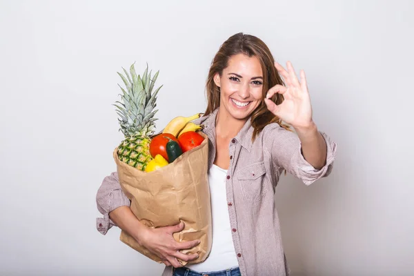 Healthy Positive Happy Woman Holding Paper Shopping Bag Full Fruit — Foto Stock