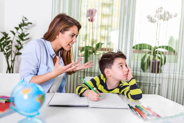 Ignore Talking Moms Helping Homework Mom Angry Because Her Son — Stok fotoğraf