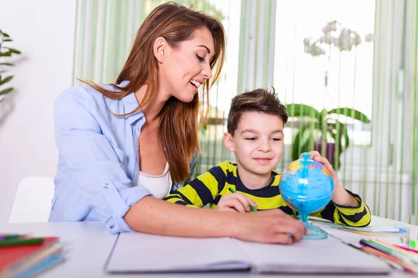 Mom Helping Little Boy Homework Homeschooling Coronavirus Pandemic Cute Boy — Stok fotoğraf