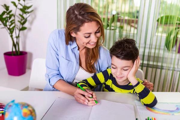 Mom Helping Little Boy Homework Homeschooling Coronavirus Pandemic Cute Boy — Stok fotoğraf