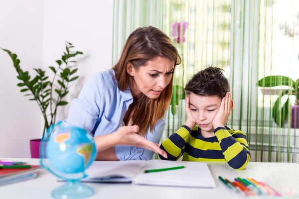 Stressed Mother Son Frustrated Failure Homework School Problems Concept Sad — ストック写真