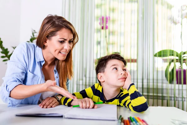 Ignore Talking Moms Helping Homework Mom Angry Because Her Son — Photo