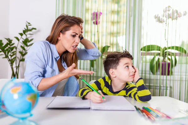 Mother Becoming Frustrated Son Whilst Doing Homework Mom Makes Best — Stok fotoğraf