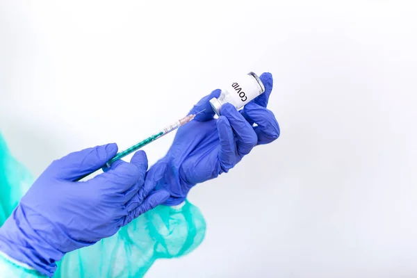 Doctor Nurse Scientist Hand Blue Nitrile Gloves Holding Flu Measles — Fotografia de Stock
