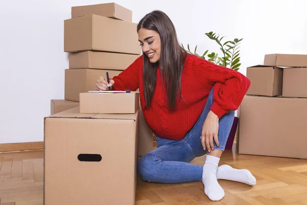 Young Woman Moving New Place Repair Concept Happy Young Woman — стоковое фото