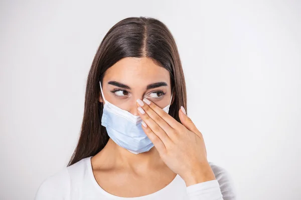 Don\'t Touch Your Face. Girl wearing surgical mask rubbing her eye with dirty hands.Precautions, Avoid Touching Your Eyes. Woman in medical mask rubbing her eye
