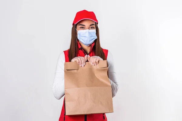 Delivery Woman Red Uniform Hold Craft Paper Packet Food Isolated — Foto de Stock