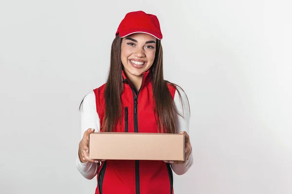 Image Happy Young Delivery Woman Red Cap Standing Parcel Post — Fotografia de Stock