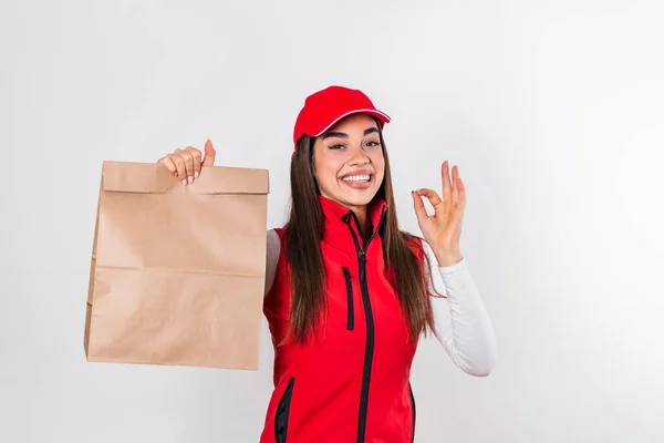 Delivery Woman Red Uniform Hold Craft Paper Packet Food Isolated — Photo