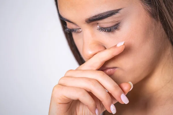 Young Woman Touches Her Nose Concept Showing Avoid Touch Face — 图库照片