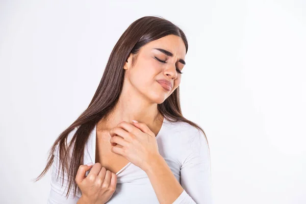 Young Woman Scratching Her Neck Due Itching Gray Background Female — Stock Photo, Image