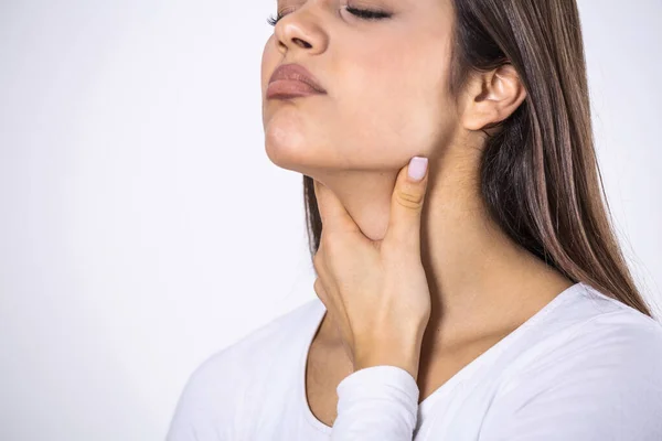 Young Beautiful Woman Suffering Pain Throat Touching Inflamed Zone Her —  Fotos de Stock