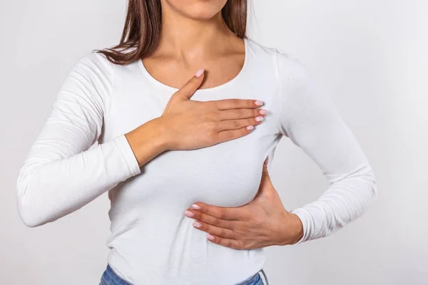 Woman Wearing White Tank Top Checking Her Breast Breast Self — Foto de Stock