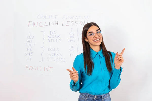 Modern education remotely. Cheerful young woman points to blackboard and explains rules of english online