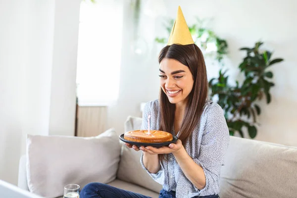 Virtual Party Happy Young Woman Hat Having Video Conference Online — Stockfoto