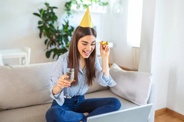 Virtual Party Happy Young Woman Hat Having Video Conference Online — Foto Stock