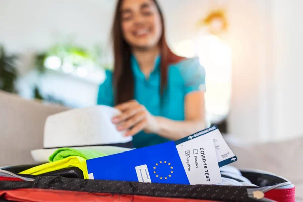 Happy Woman Planning Travel Covid Pandemic Preparing Suitcase Woman Preparing — Foto de Stock