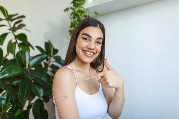 Woman Pointing His Arm Bandage Receiving Covid Vaccine Young Woman — Foto Stock