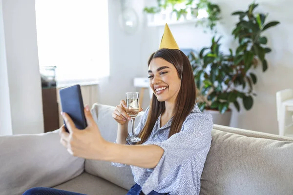Virtual Party Happy Young Woman Hat Having Video Conference Online — Φωτογραφία Αρχείου