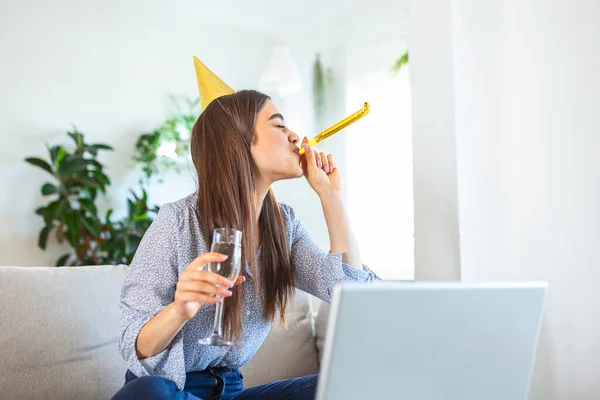 Virtual Celebration Happy Woman Party Hat Celebrating Birthday Online Quarantine — стоковое фото