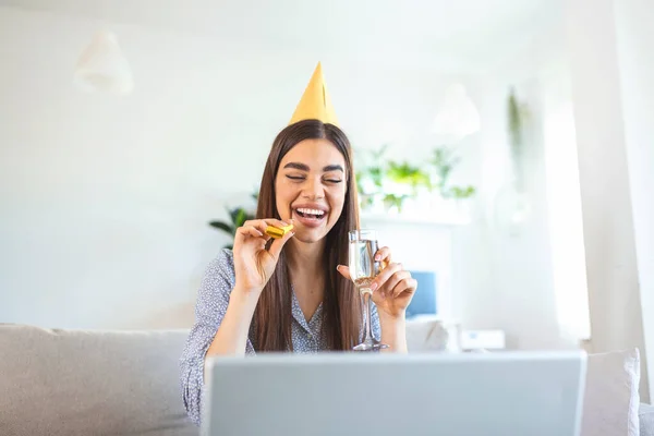 Virtual Celebration Happy Woman Party Hat Celebrating Birthday Online Quarantine — Stockfoto