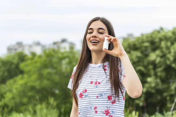 Woman Applies Nasal Spray Young Woman Using Nose Spray Her — Photo