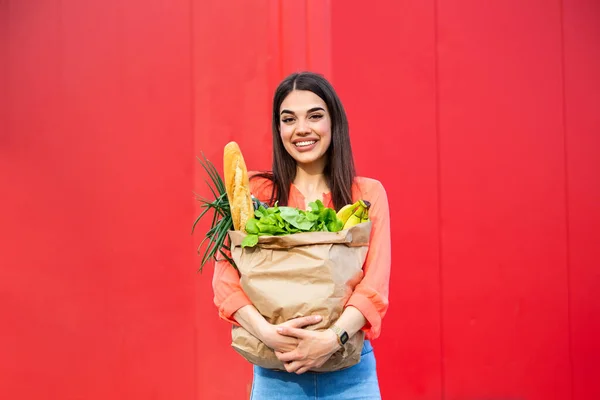 Beautiful Young Woman Smiling Holding Paper Bag Full Groceries Happy — Stockfoto
